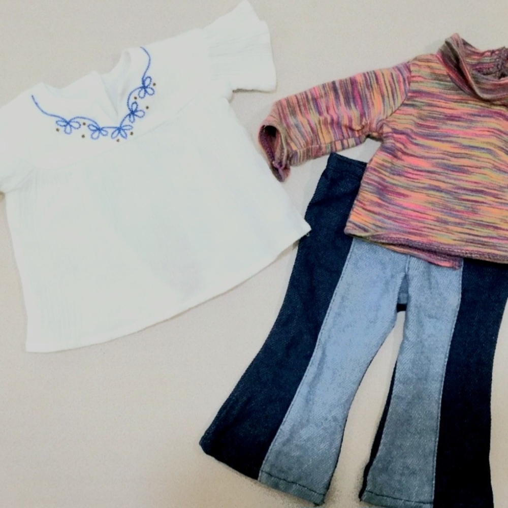 White Embroidered Top and Multicolor Sweater with Jeans Set